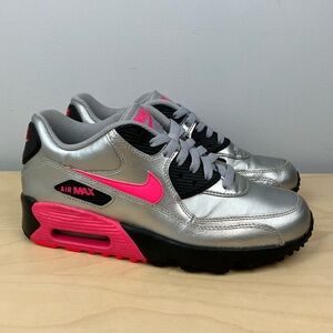 Nike Girls Youth Size 6Y Air Max 90 LTR Metallic Silver Pink Athletic Shoes